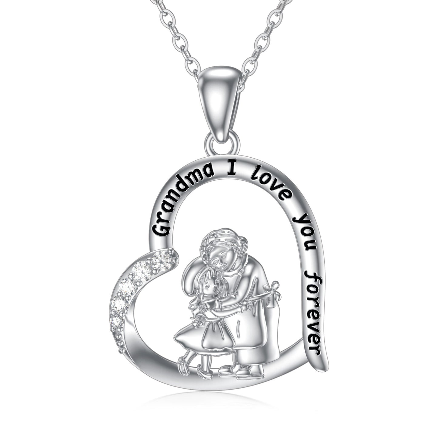 Cubic Zirconia Grandmother and Granddaughter Necklace in White Gold Plated Sterling Silver