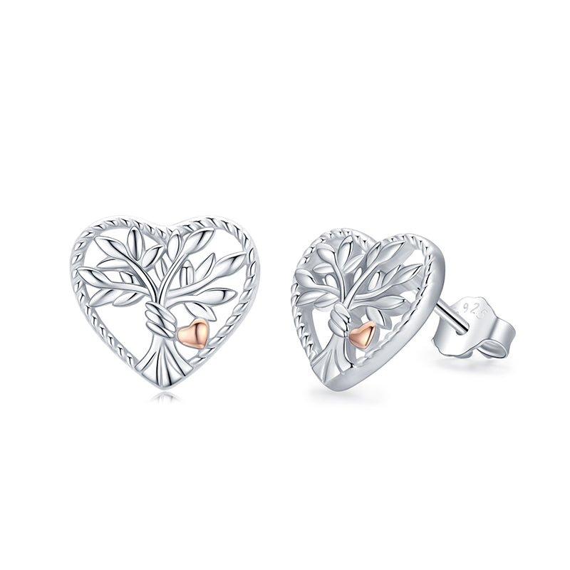 925 Sterling Silver Cute Hypoallergenic Stud Love Heart Tree of Life Earrings Family Tree Jewellery