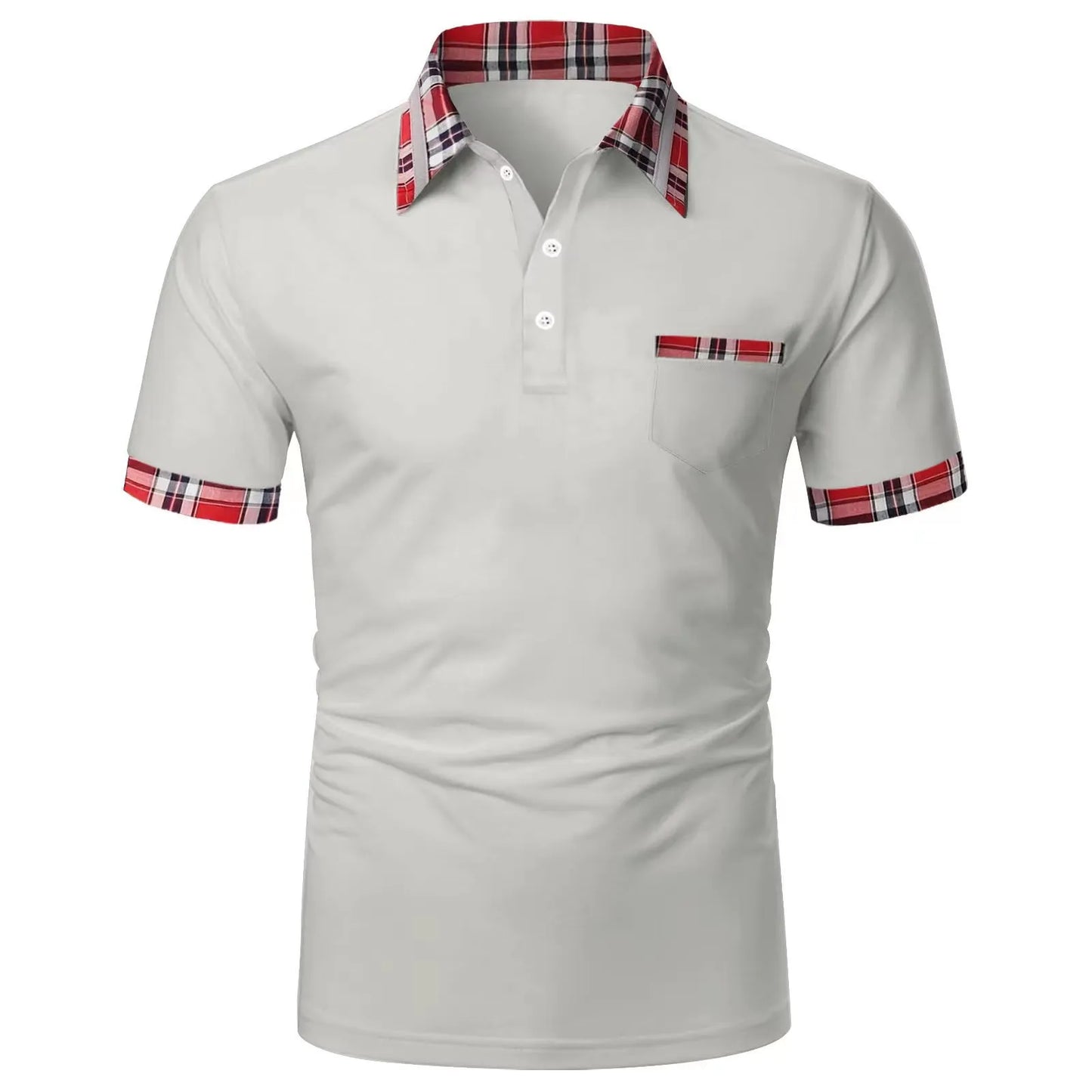 Men Casual Basic Color-Block Plaid Short-Sleeved Polo Shirt