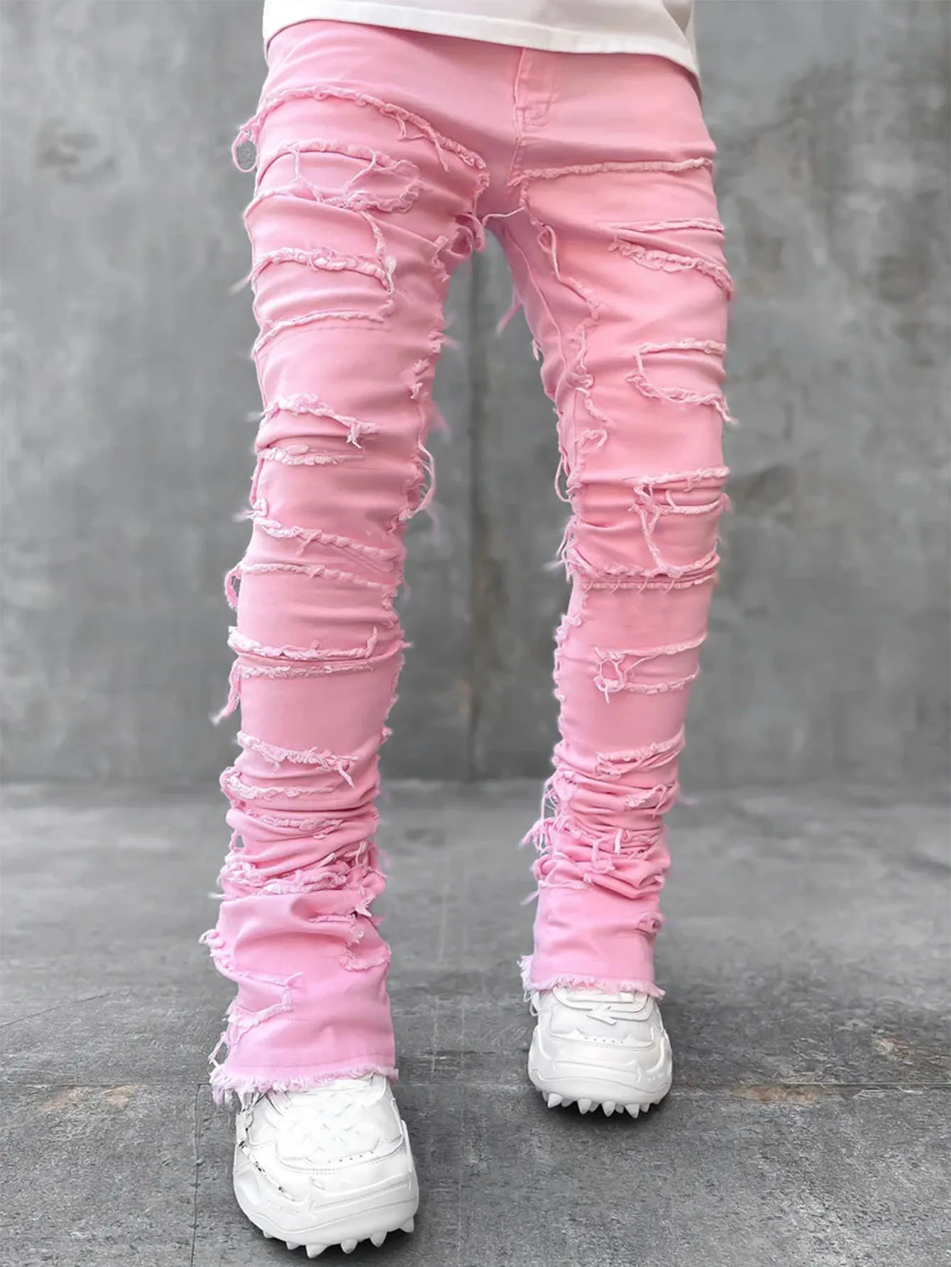 Men Summer Fashion Casual Solid Color Raw Hem Ripped Denim