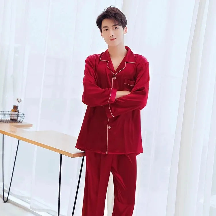 Women Men Sweet Couple Cozy Loungewear Solid Color Satin Pajamas Set