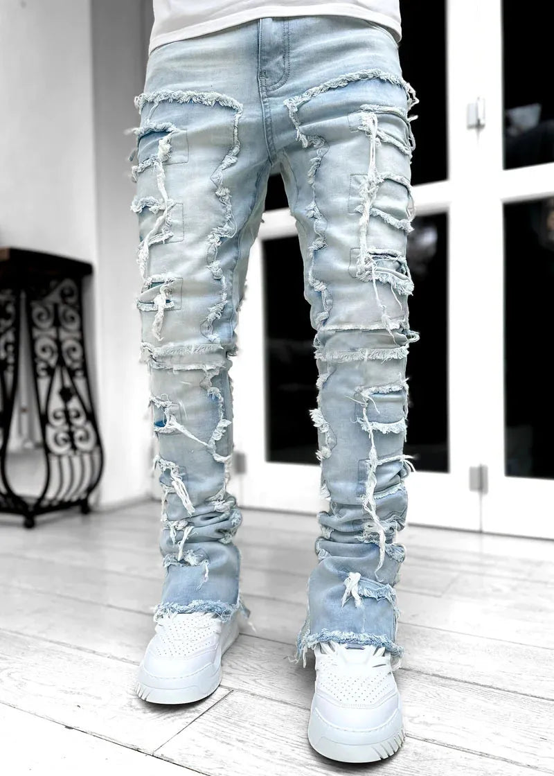 Men Summer Fashion Casual Solid Color Raw Hem Ripped Denim