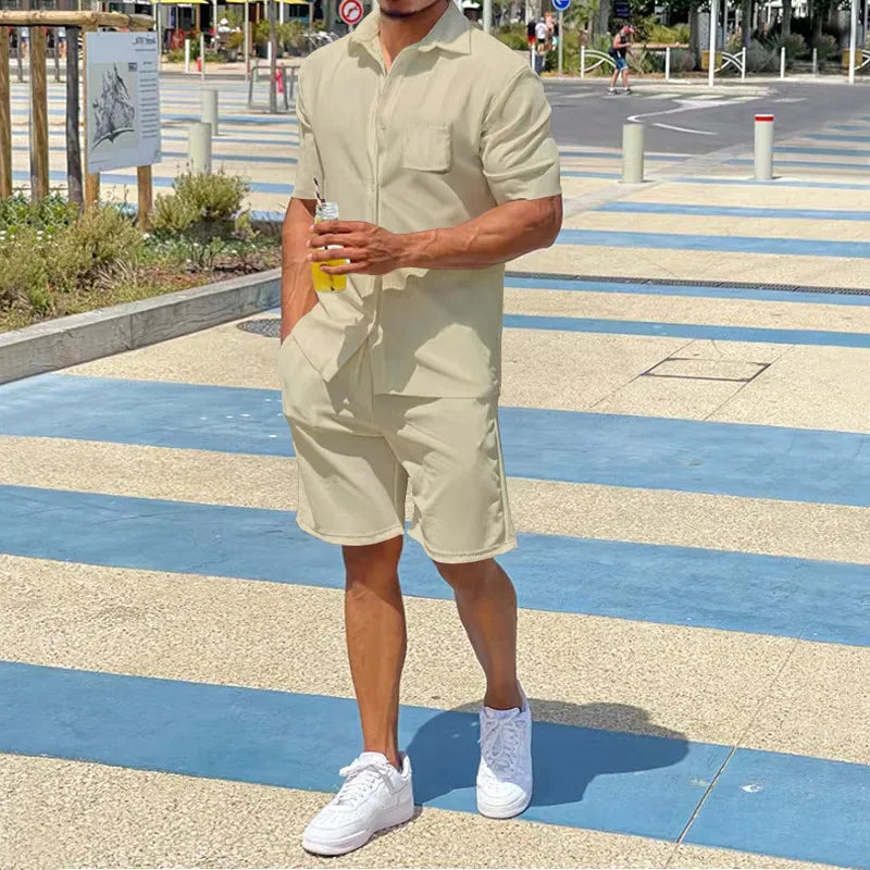 Men Casual Solid Color Linen Lapel Loose Shirt And Shorts Two-Piece Set