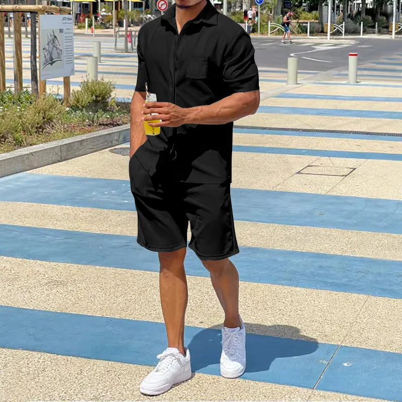 Men Casual Solid Color Linen Lapel Loose Shirt And Shorts Two-Piece Set