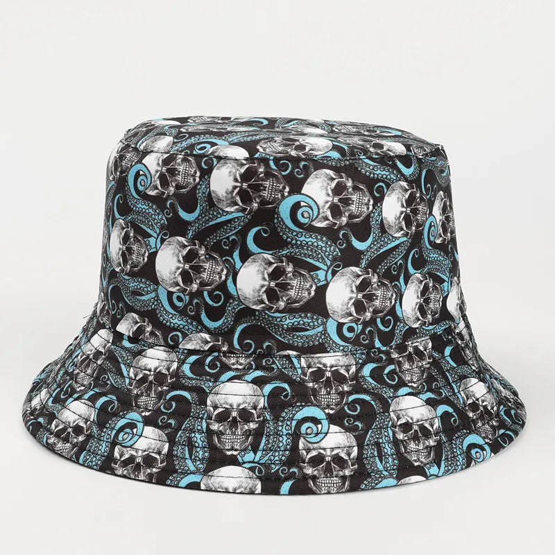 Fashion Creative Skull Rose Print Sunscreen Sunshade Double-Sided Fisherman Hat