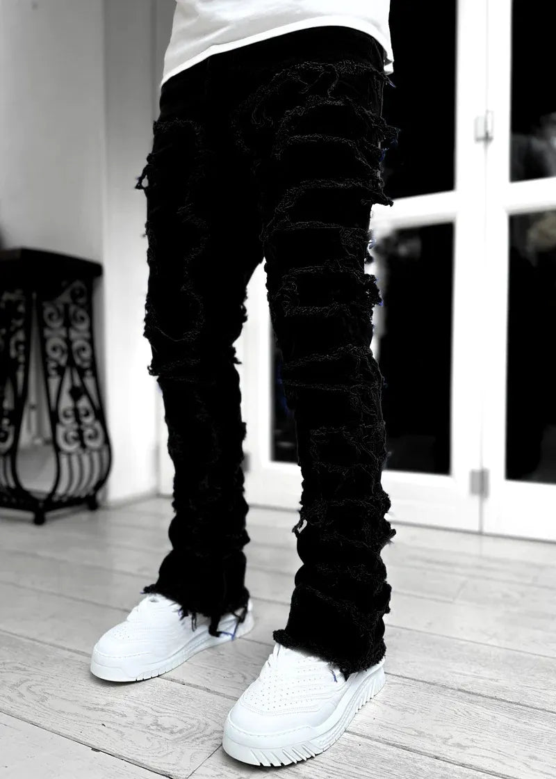 Men Summer Fashion Casual Solid Color Raw Hem Ripped Denim
