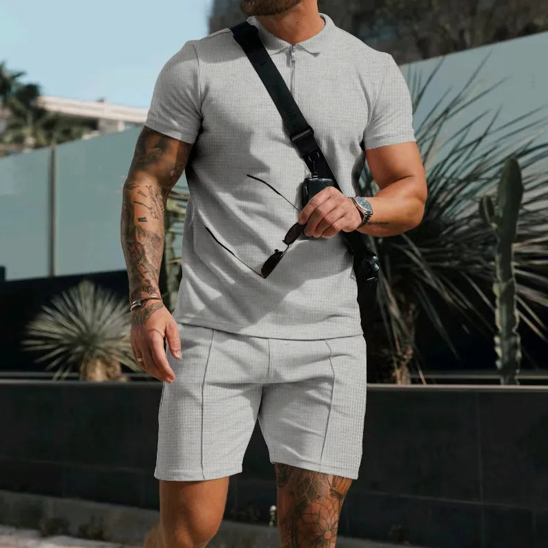Men Casual Lapel Short-Sleeved Solid Color Waffle Polo Shirt And Shorts Two-Piece Set