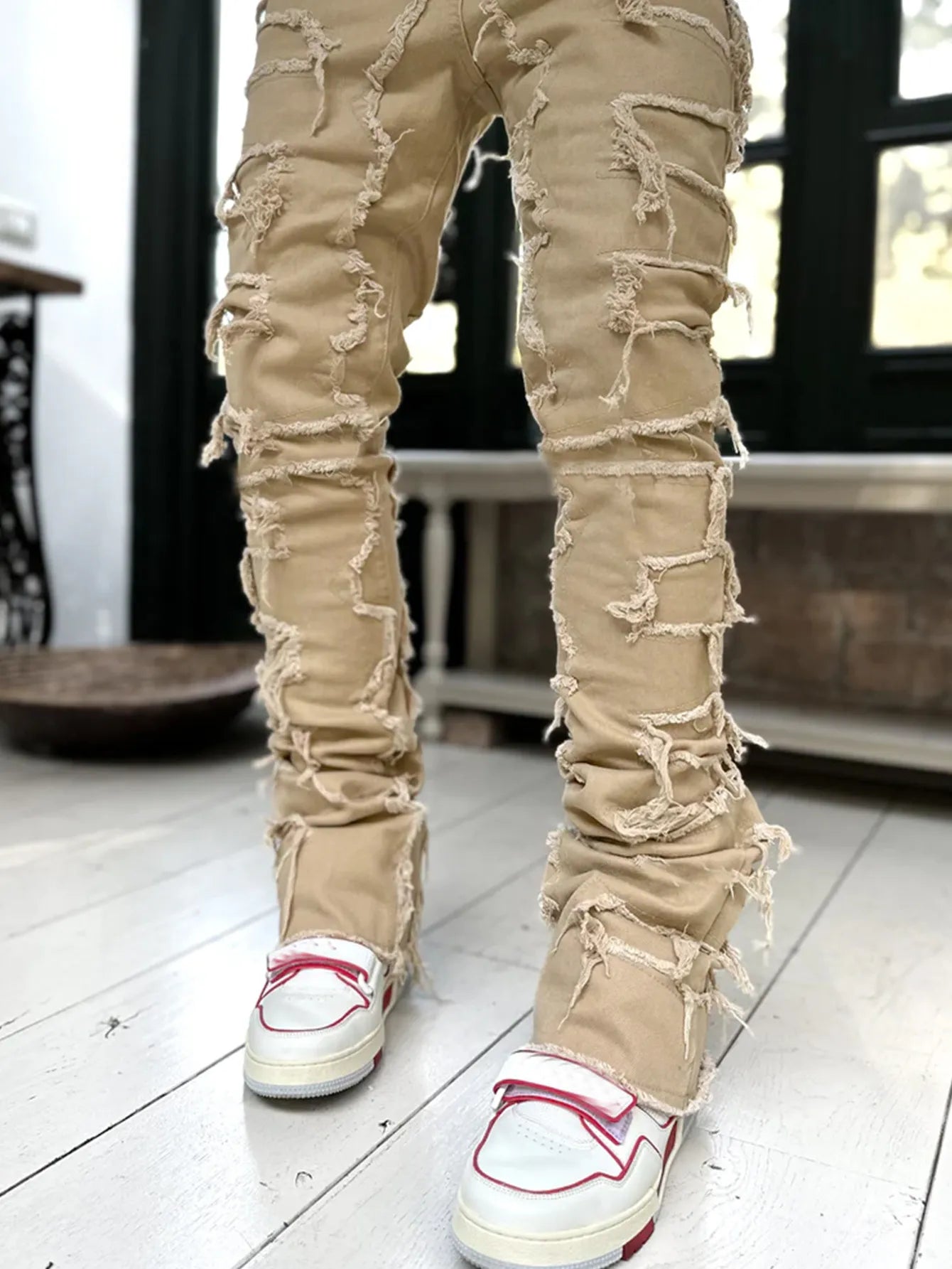 Men Summer Fashion Casual Solid Color Raw Hem Ripped Denim