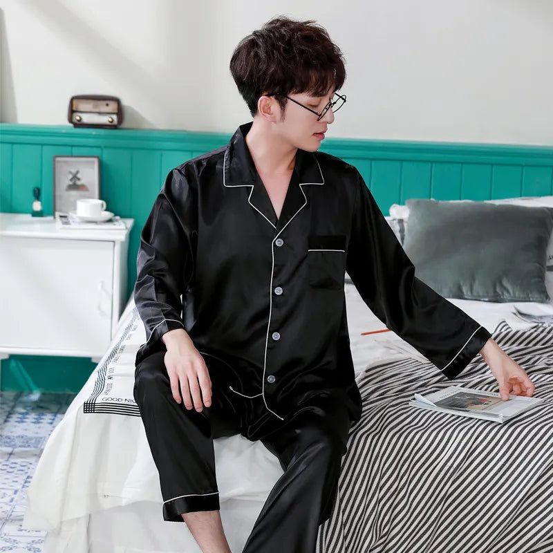 Women Men Sweet Couple Cozy Loungewear Solid Color Satin Pajamas Set