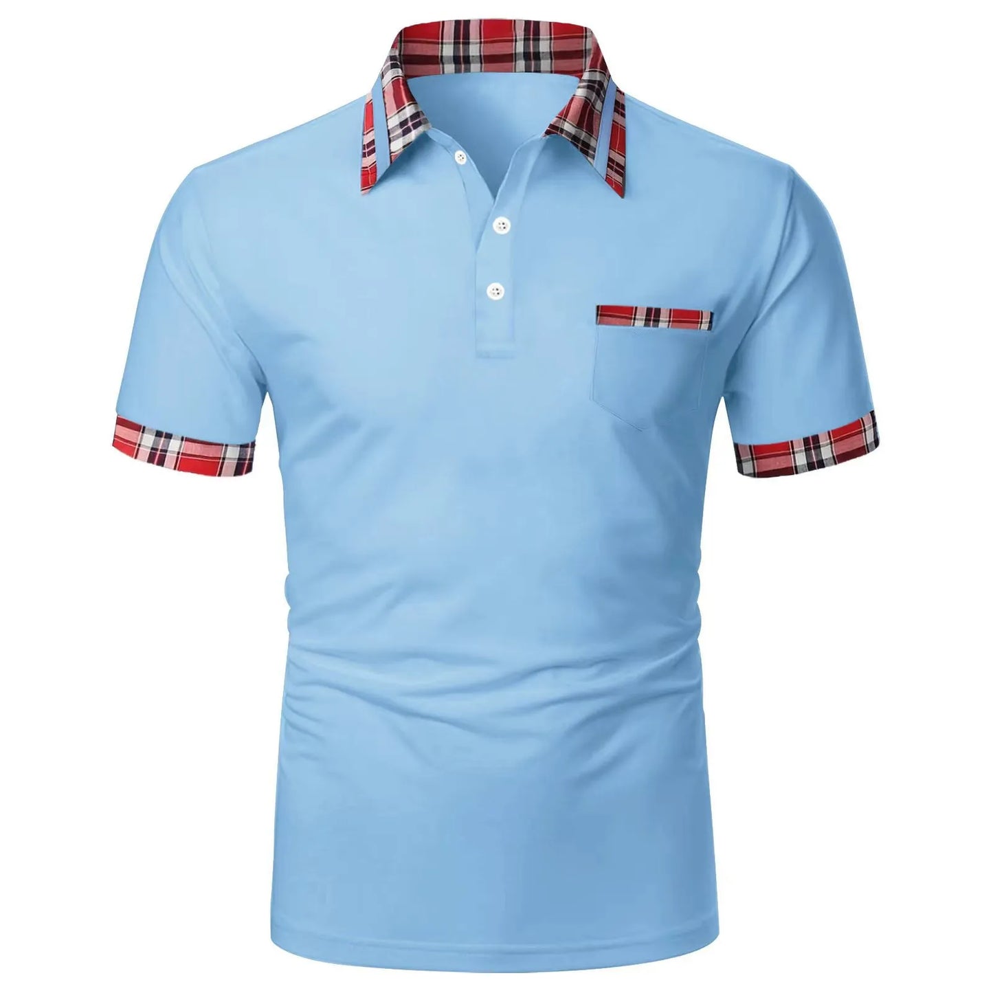 Men Casual Basic Color-Block Plaid Short-Sleeved Polo Shirt