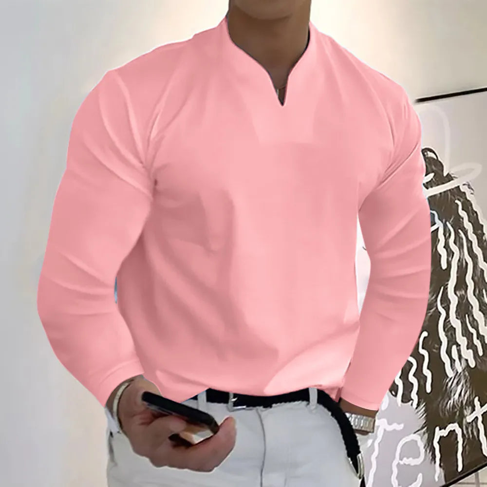 Men Spring Autumn Fashion Casual Solid Color Cotton V Neck Long Sleeve Plus Size Shirts
