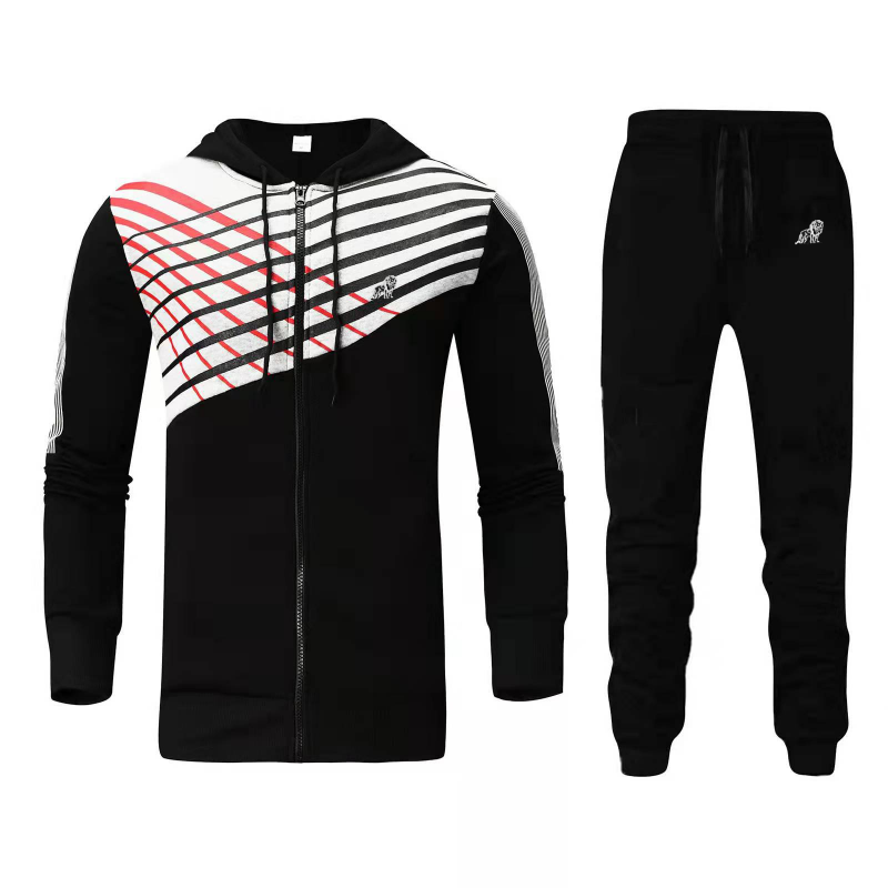 Men's Casual Long Sleeve Hat Rope Zipper Graphic Printed Hoodie And Drawstring Waist Jogger Pants Two-Piece Set