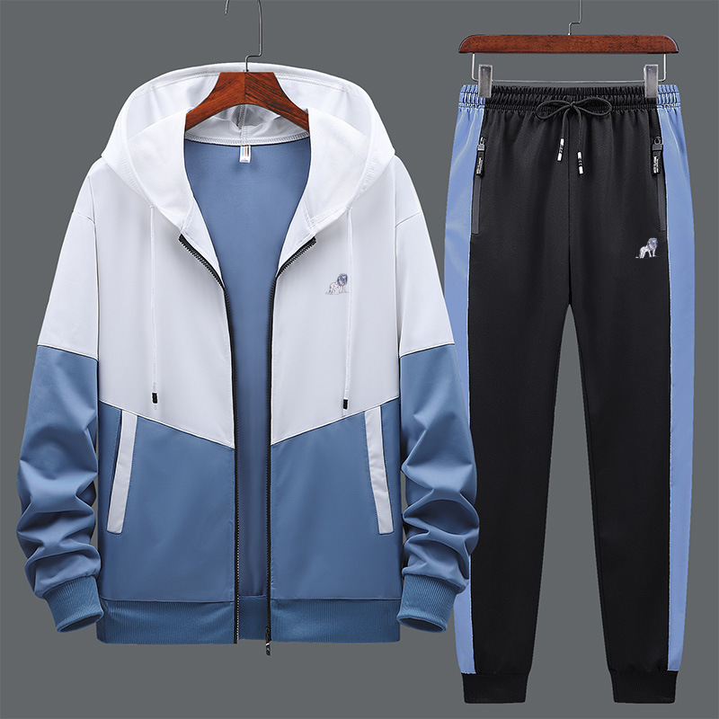 Casual Long Sleeve Hat Rope Pocket Design Color Blocking Zipper Coat And Drawstring Waist Jogger Pants Two-Piece Set