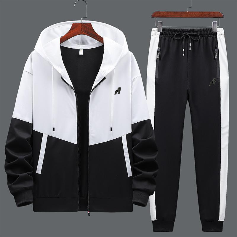 Casual Long Sleeve Hat Rope Pocket Design Color Blocking Zipper Coat And Drawstring Waist Jogger Pants Two-Piece Set