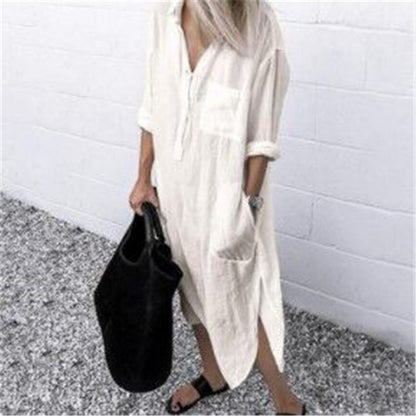 Elegant Solid Color Slit Dress Long Shirt Dress