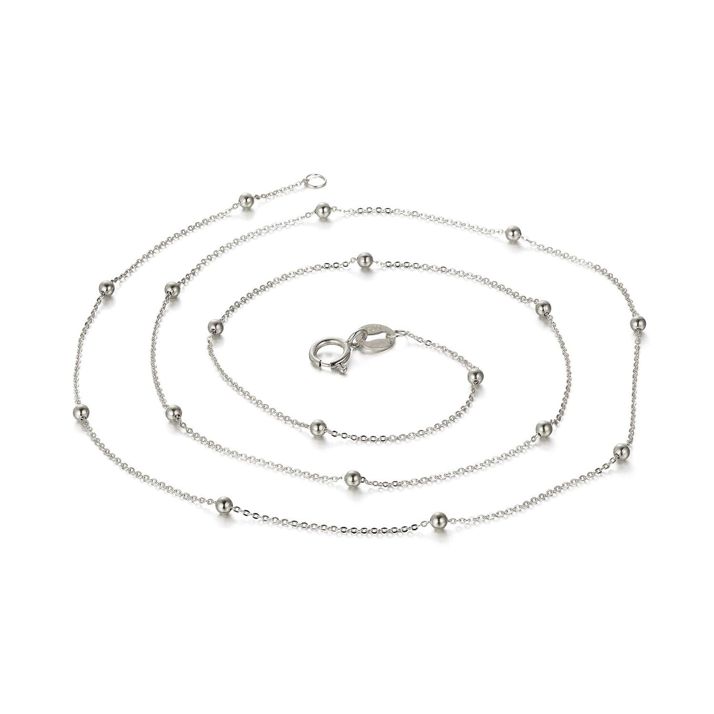 18K White Gold Bead Station Chain Necklace for Women 18 inches