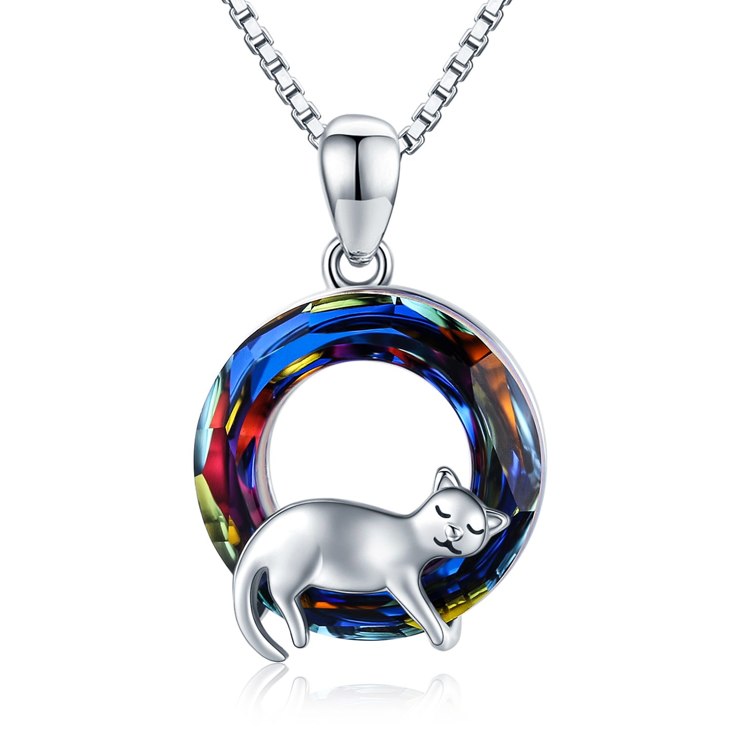 Sterling Silver Cute Cat Animal with Crystal Pendant Necklace