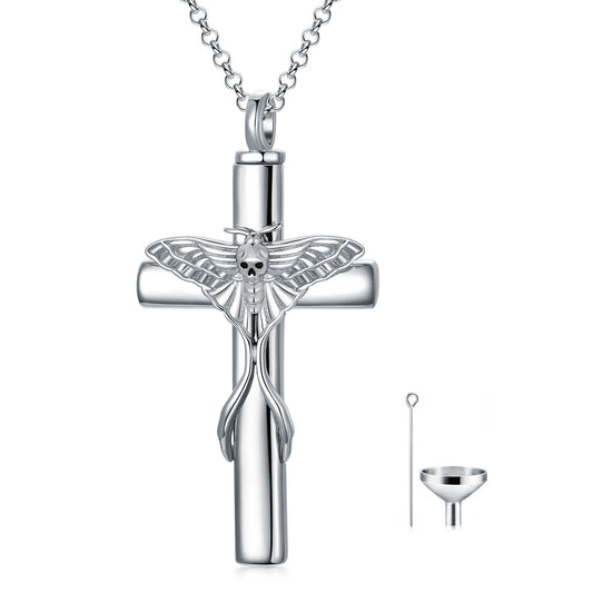 Cross Urn Necklace for Ashes 925 Sterling Silver Skull Moth Cremation Necklace Cremation Pendant Memorial Keepsake Jewelry for Women Men