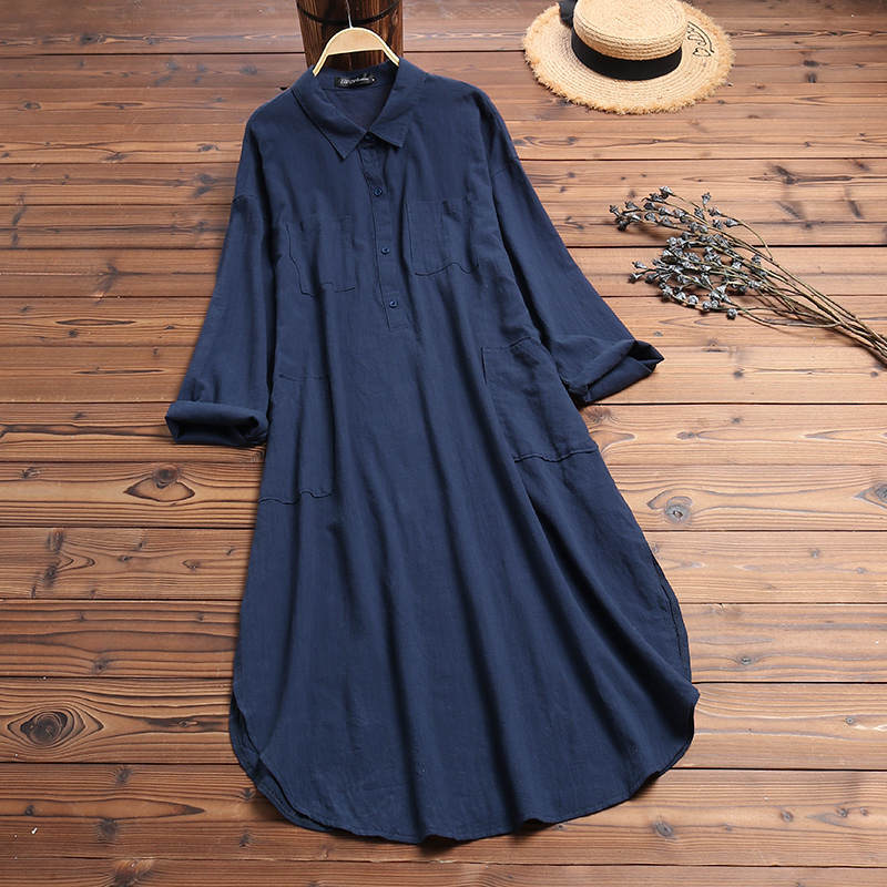 Elegant Solid Color Slit Dress Long Shirt Dress