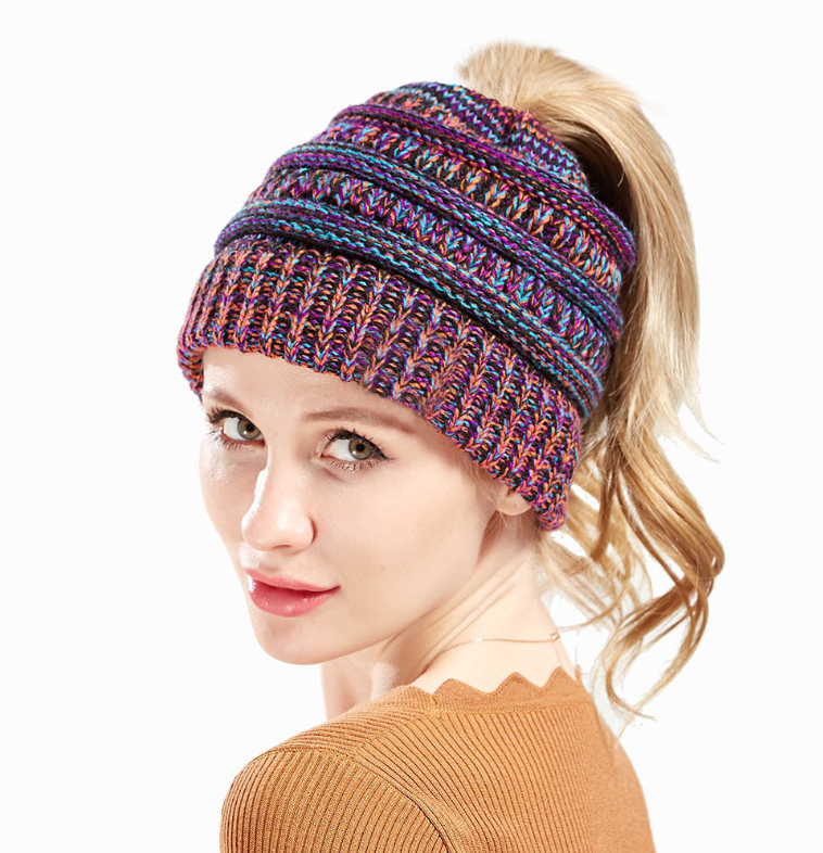 Mixed Color Knitted Wool Hat Ladies Non-labeled Ponytail Hat