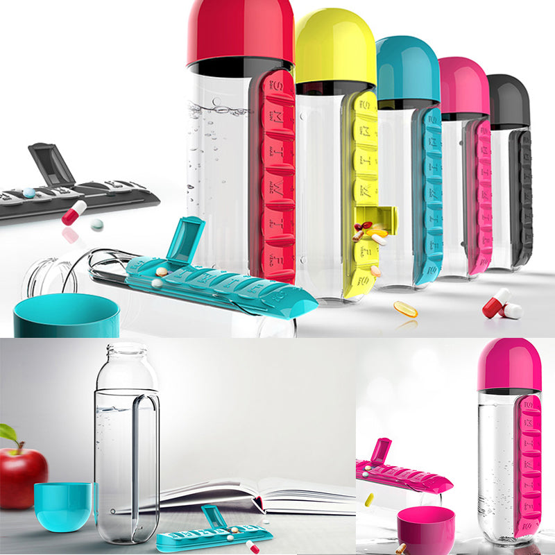 Water Bottle With Pillbox Plastic Drink Bottle With Medicine Pills Box Travel 7 Days Drug Organizer Drinking Container