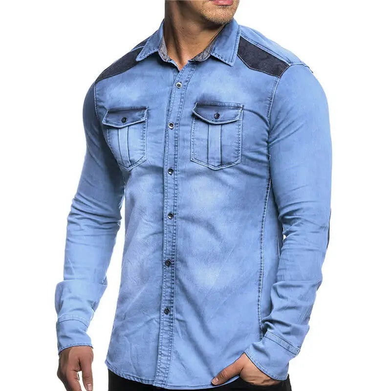 M-3XL Men Fashion Solid Color Multi-Pocket Long Sleeve Denim Jacket