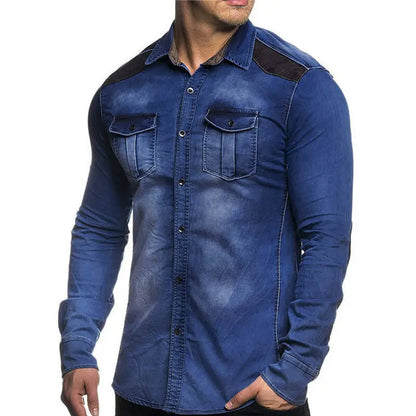 M-3XL Men Fashion Solid Color Multi-Pocket Long Sleeve Denim Jacket