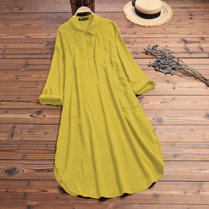 Elegant Solid Color Slit Dress Long Shirt Dress