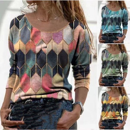 Long sleeve retro geometric print casual top T-shirt