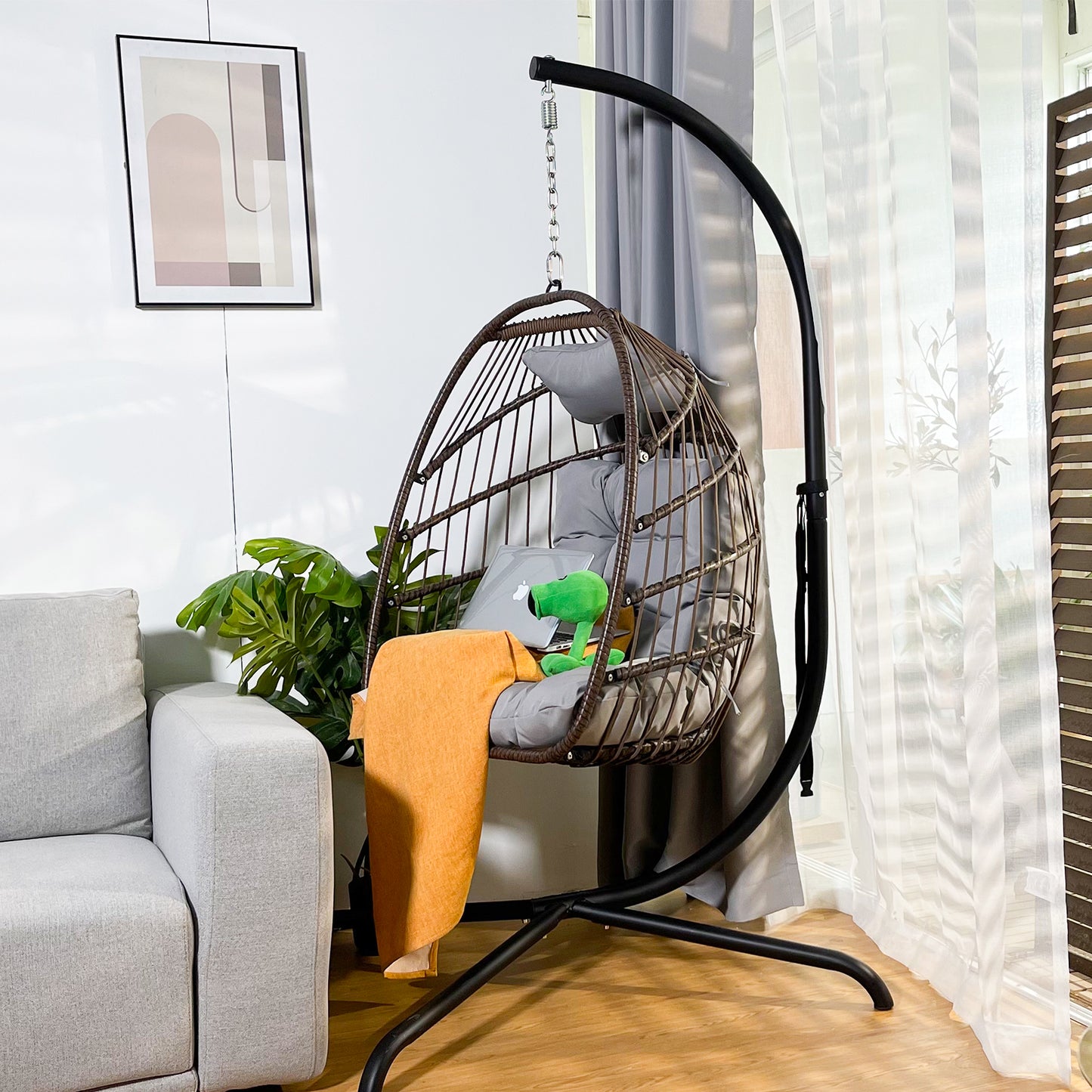 Swing Egg Chair With Stand Indoor Outdoor Wicker Rattan Patio Basket Hanging Chair With C Type Bracket , With Cushion And Pillow,Ban Amazon, Homedepot, Walmart, Lowes