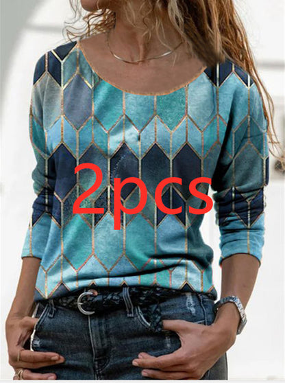 Long sleeve retro geometric print casual top T-shirt