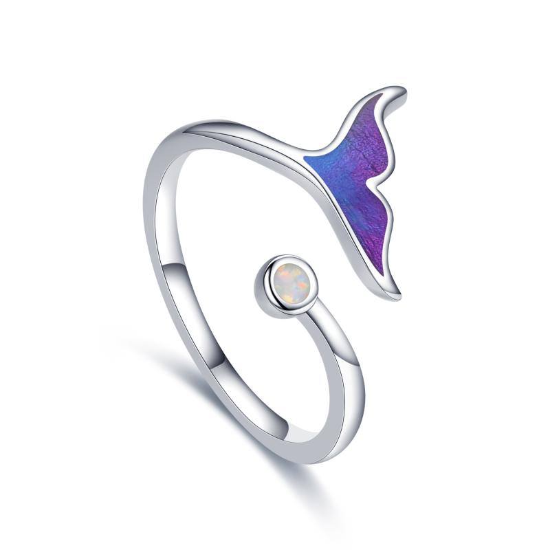 Mermaid Tail Dolphin Adjustable Open Ocean Opal Ring Jewelry 925 Sterling Silver