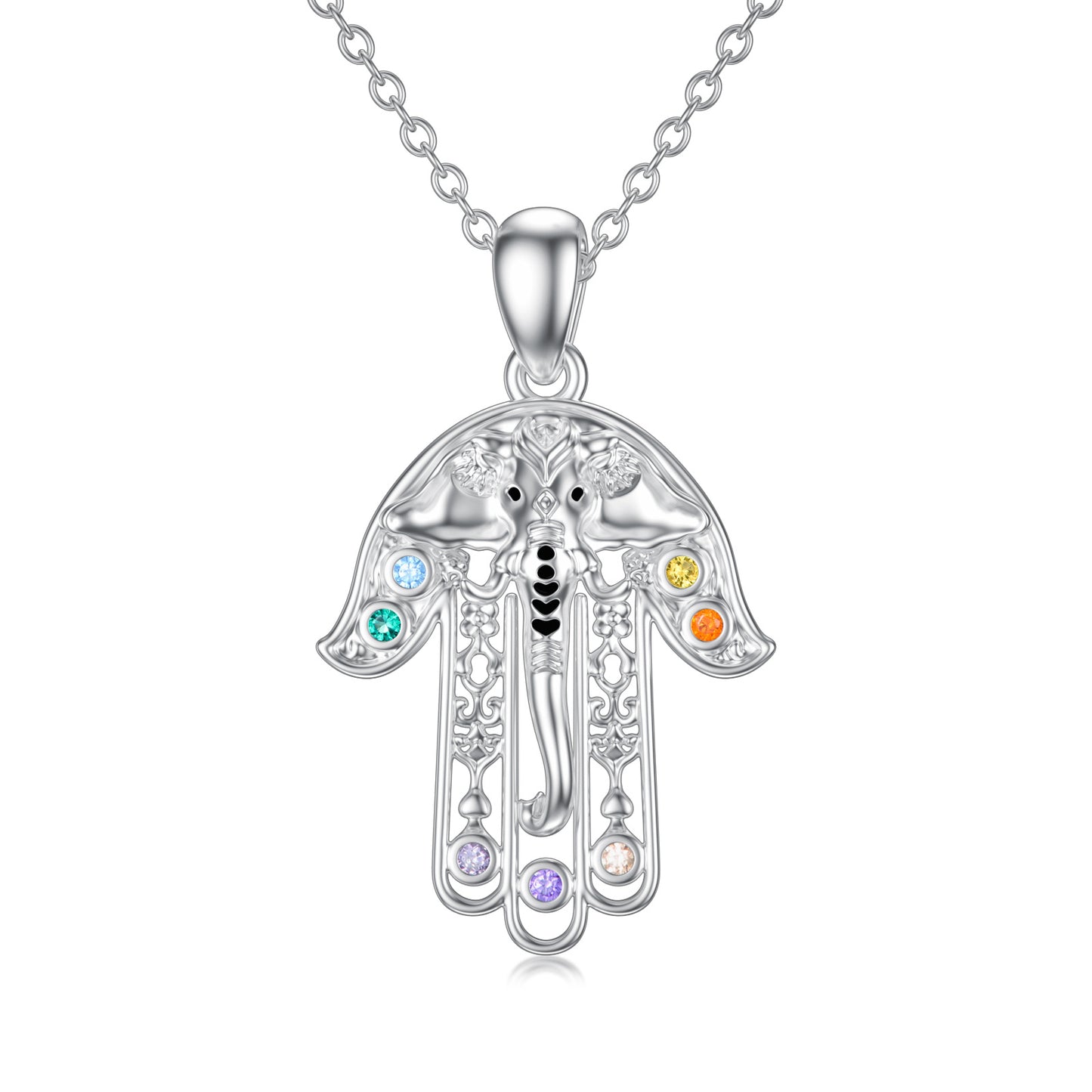 Hamsa Necklace 7 Chakra Elephant Necklace Sterling Silver Good Luck Elephant Jewelry Hamsa Hand Pendant Gifts for Women Girls