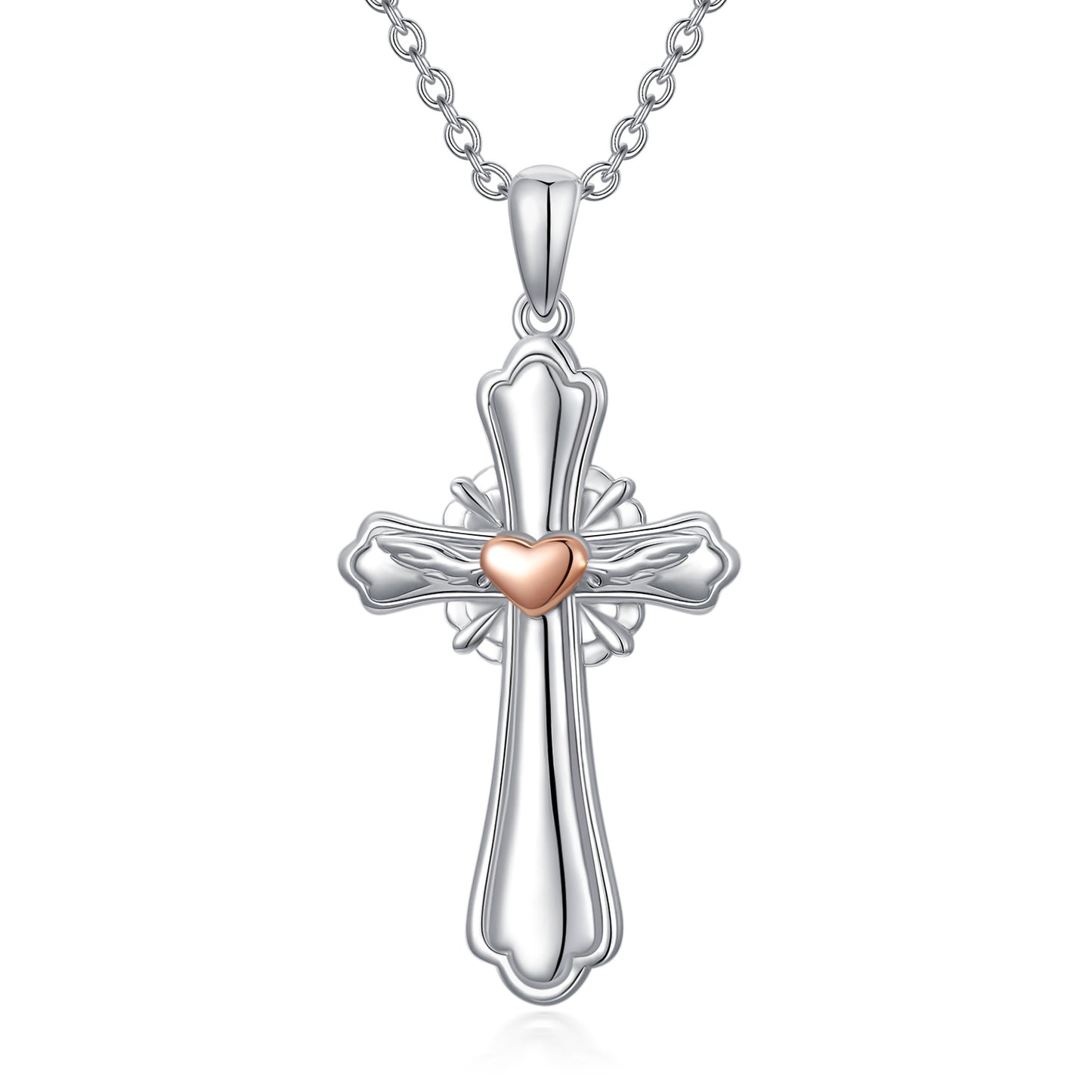 Cross Heart Wing Necklace in Rose and White Gold Plated Sterling Silver