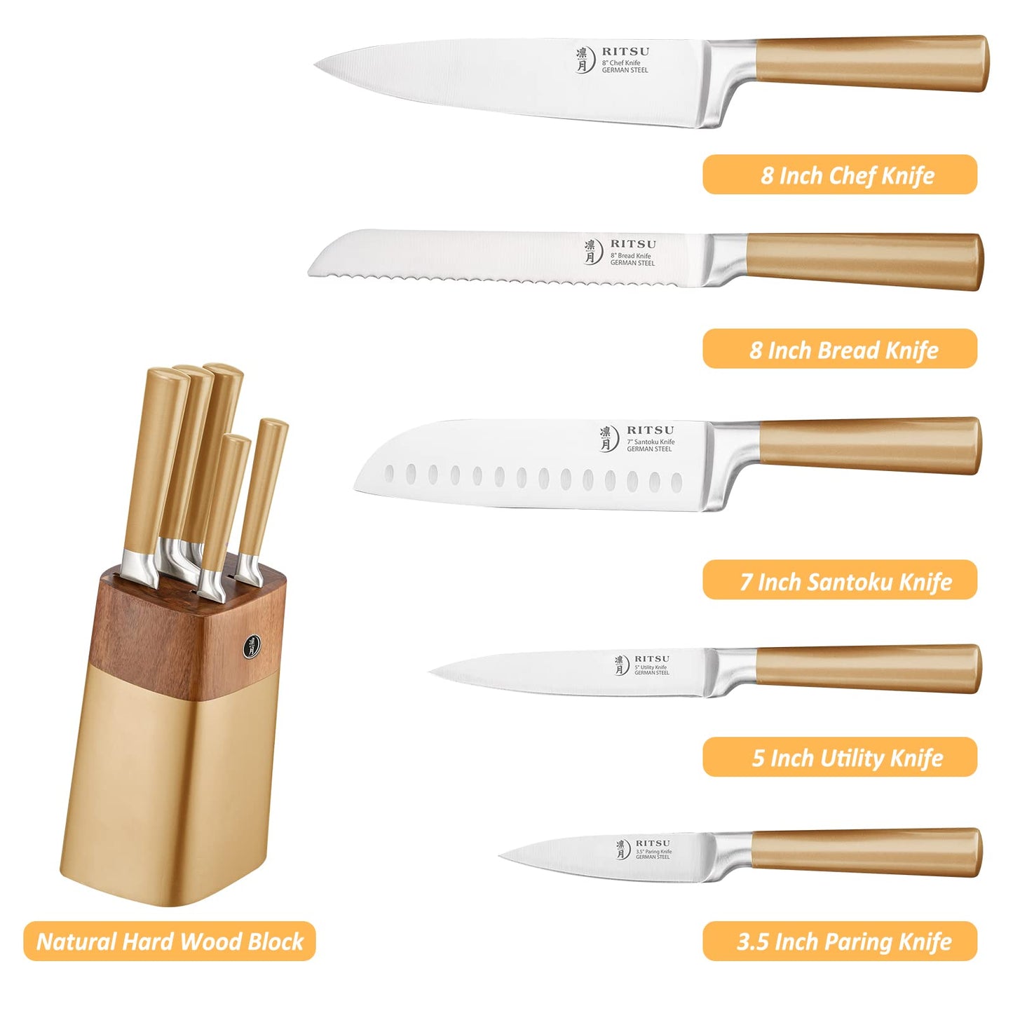 Professional 6 Pieces Knife Set With Block - Premium German Steel Chef Knife Set With Hollow Handle