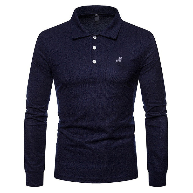 Men Fashion Casual Solid Color Lapel Long Sleeve Slim Fit Polo Shirt