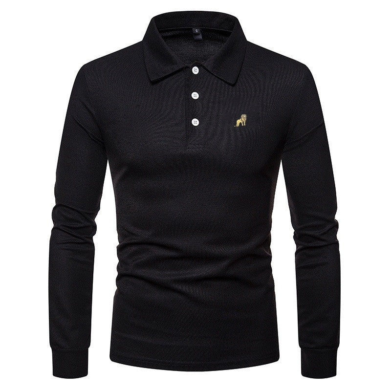 Men Fashion Casual Solid Color Lapel Long Sleeve Slim Fit Polo Shirt