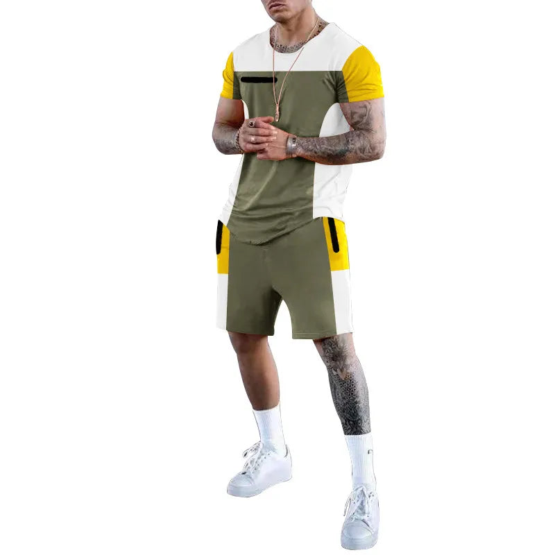 Men Casual Sports Round Neck Short-Sleeved Color Matching T-Shirt Shorts Two-Piece Set