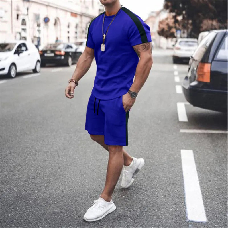 Men Casual Round Neck Short-Sleeved T-Shirt And Pants Two-Piece Set