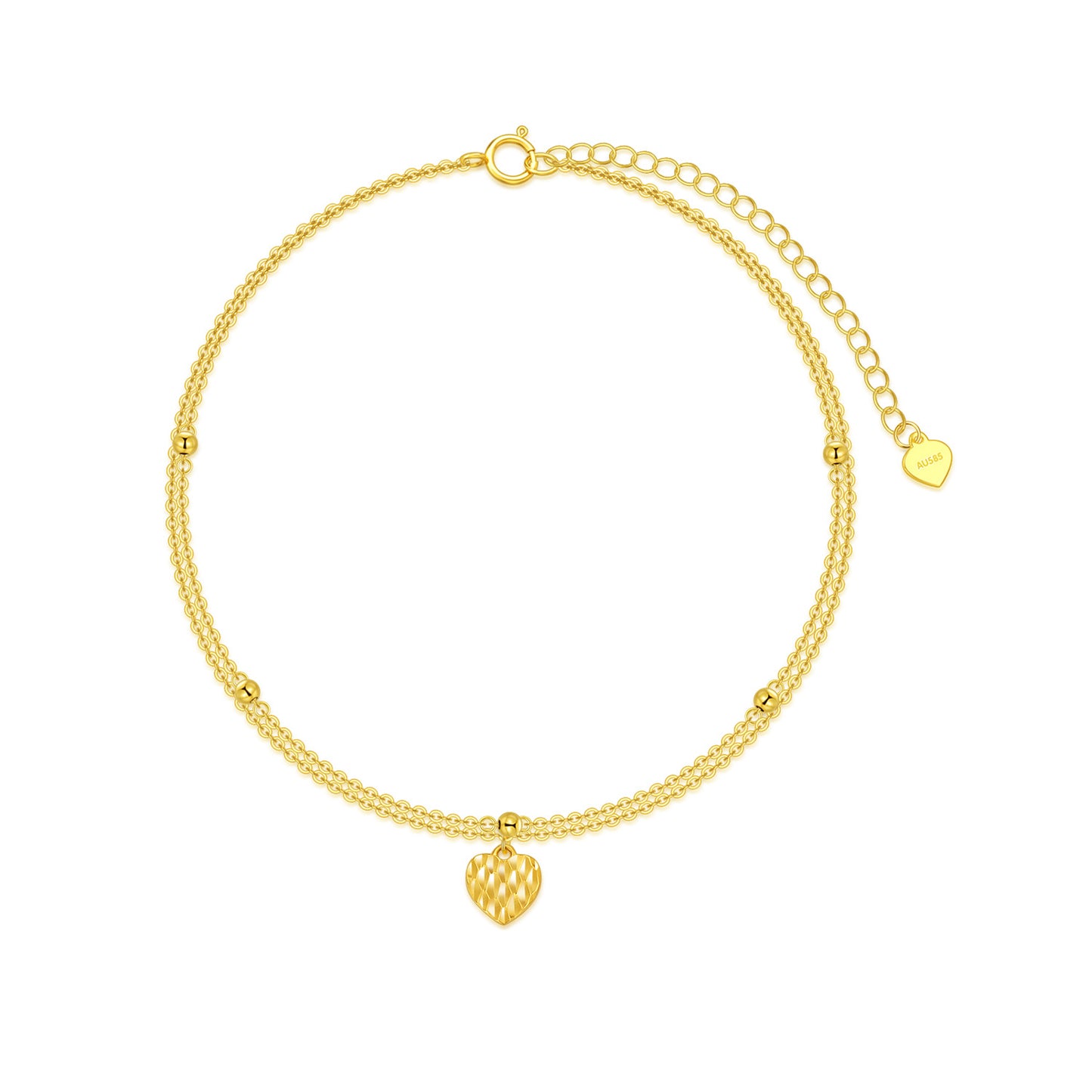 14K Solid Yellow Gold Heart Anklet for Women