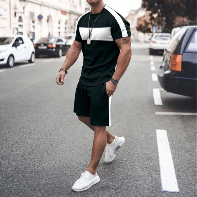 Men Fashion Round Neck 3D Printing Round Neck Large Size T-Shirt And Shorts Two-Piece Set