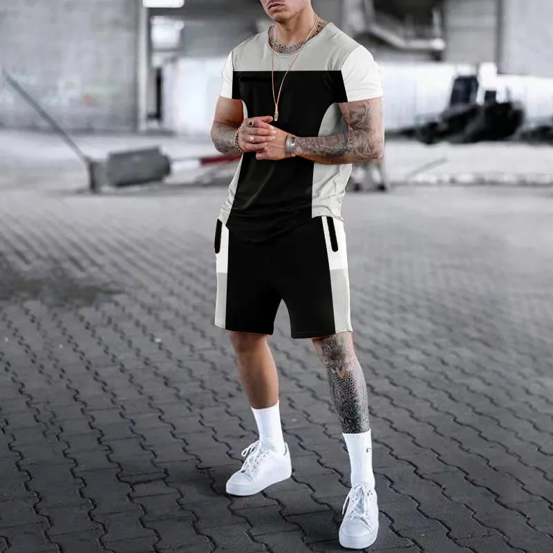 Men Casual Sports Round Neck Short-Sleeved Color Matching T-Shirt Shorts Two-Piece Set