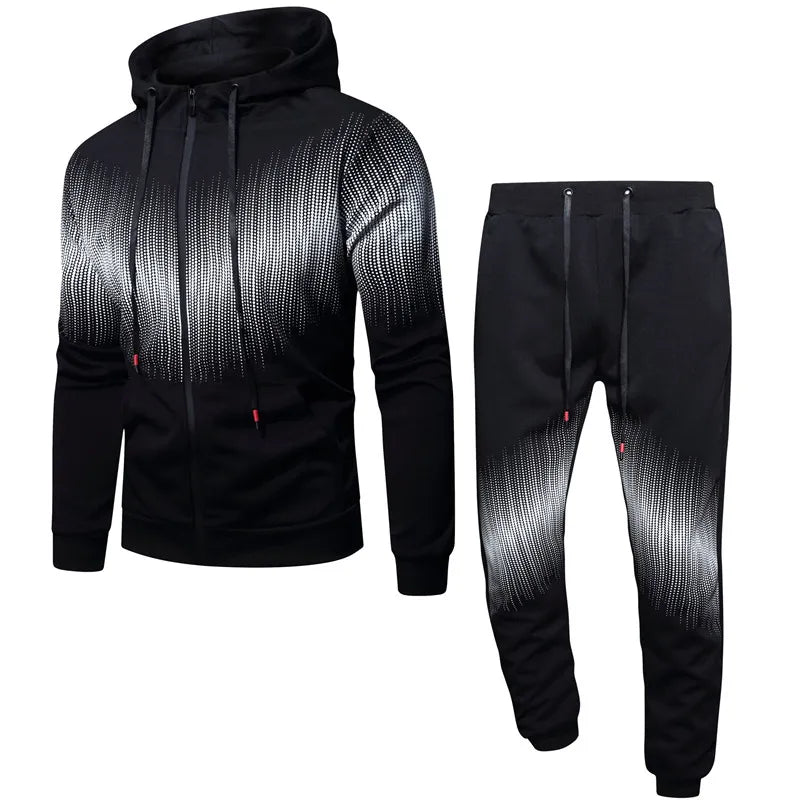 Men Casual Long Sleeve Hat Rope Graphic Printed Hoodie And Drawstring Waist Jogger Pants Two-piece Set