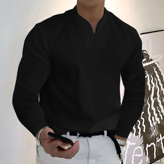 Men Spring Autumn Fashion Casual Solid Color Cotton V Neck Long Sleeve Plus Size Shirts