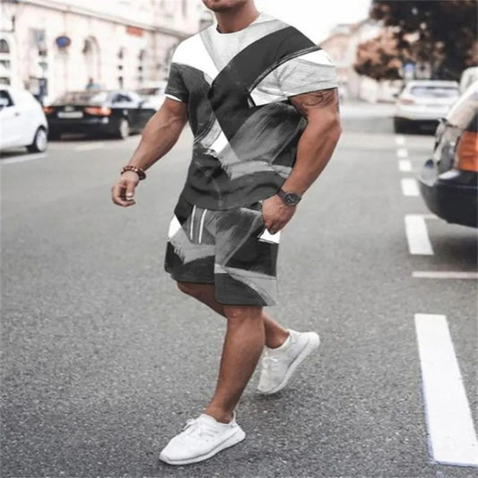 Men Fashion Round Neck 3D Printing Round Neck Large Size T-Shirt And Shorts Two-Piece Set
