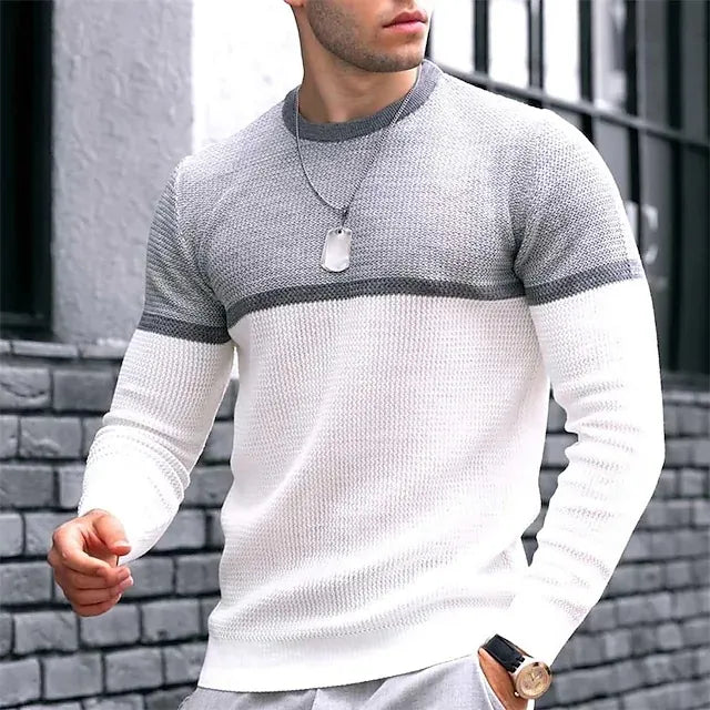 Men Fashion Round Neck Long Sleeve Color Block Knitwear