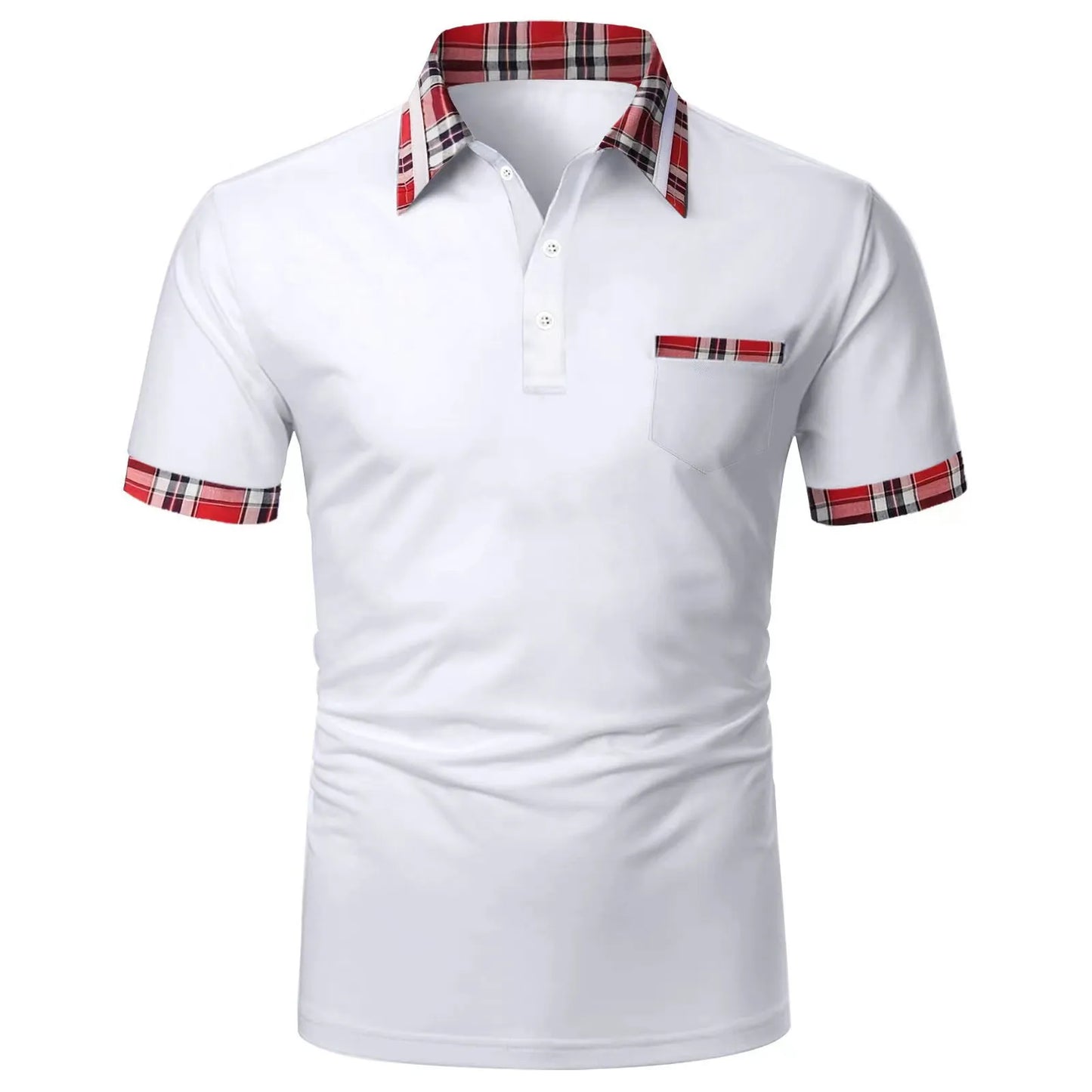 Men Casual Basic Color-Block Plaid Short-Sleeved Polo Shirt