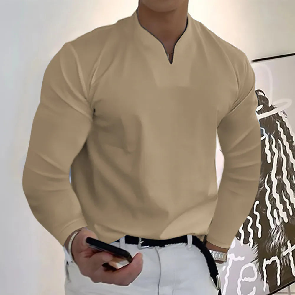Men Spring Autumn Fashion Casual Solid Color Cotton V Neck Long Sleeve Plus Size Shirts