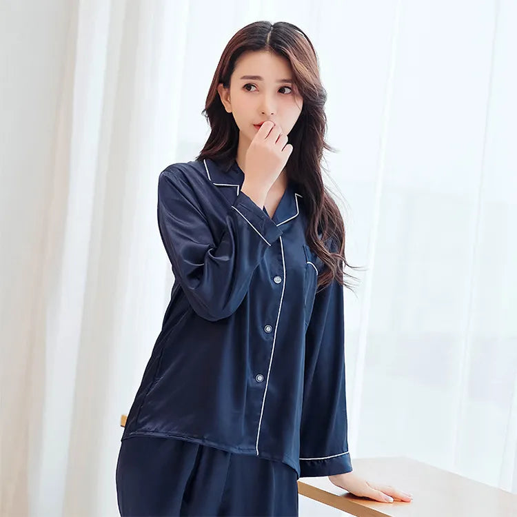 Women Men Sweet Couple Cozy Loungewear Solid Color Satin Pajamas Set