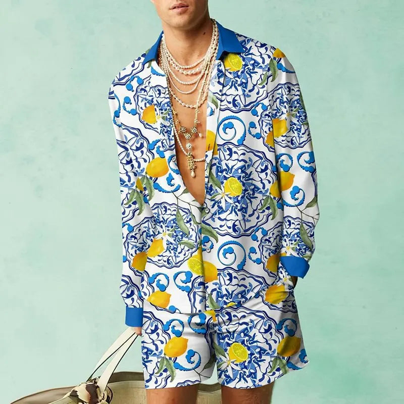 Men Casual Printed Long-Sleeved Loose Shirt And Shorts Two-Piece Set